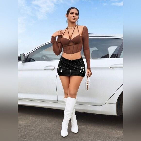 NWT Shein Sky Black Denim Micro Mini Skirt With Belt Details Size XL/12 - Picture 4 of 9